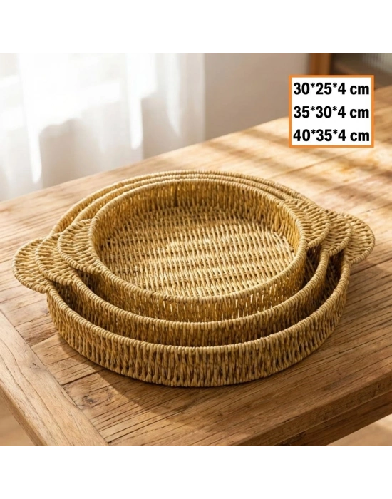 ®  İç İçe Geçebilen 3’lü Yuvarlak Plastik Rattan Tepsi Seti–Hasır Görünümlü Çok Amaçlı Servis ve Sunum Tepsileri