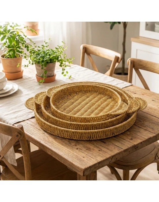 ®  İç İçe Geçebilen 3’lü Yuvarlak Plastik Rattan Tepsi Seti–Hasır Görünümlü Çok Amaçlı Servis ve Sunum Tepsileri