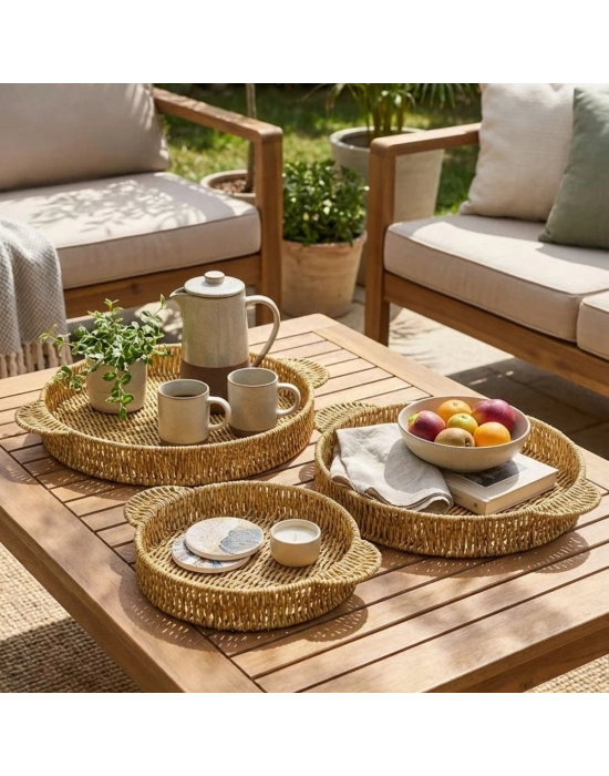 ®  İç İçe Geçebilen 3’lü Yuvarlak Plastik Rattan Tepsi Seti–Hasır Görünümlü Çok Amaçlı Servis ve Sunum Tepsileri