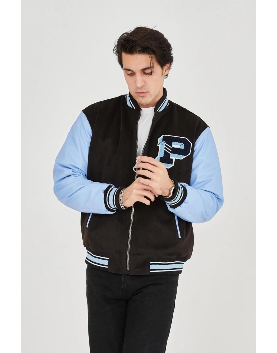 İçten Elyaf ve Astarlı Kolları Suni Deri Ceket - Mavi -