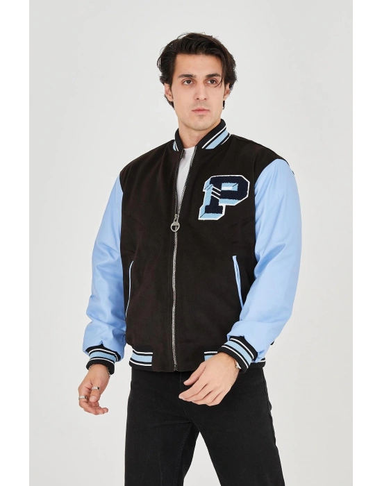 İçten Elyaf ve Astarlı Kolları Suni Deri Ceket - Mavi -