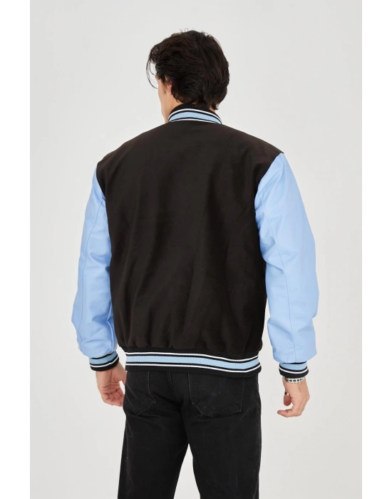 İçten Elyaf ve Astarlı Kolları Suni Deri Ceket - Mavi -