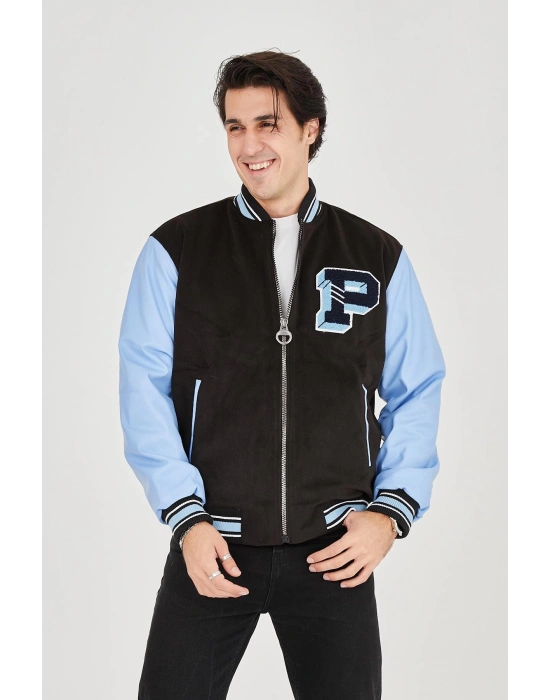 İçten Elyaf ve Astarlı Kolları Suni Deri Ceket - Mavi -