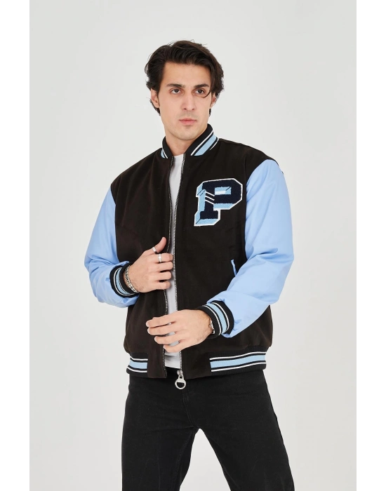 İçten Elyaf ve Astarlı Kolları Suni Deri Ceket - Mavi -