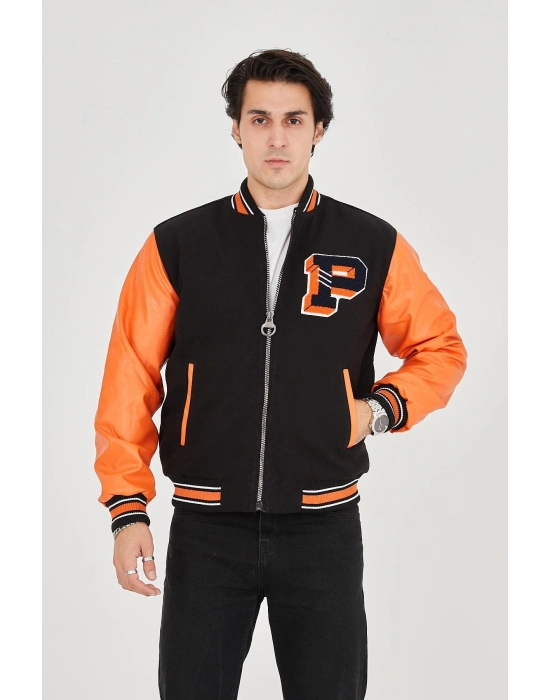 İçten Elyaf ve Astarlı Kolları Suni Deri Ceket - Turuncu -