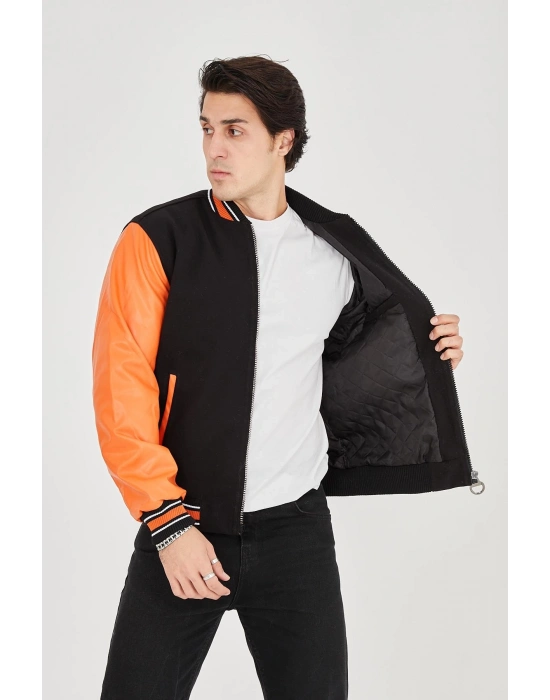 İçten Elyaf ve Astarlı Kolları Suni Deri Ceket - Turuncu -