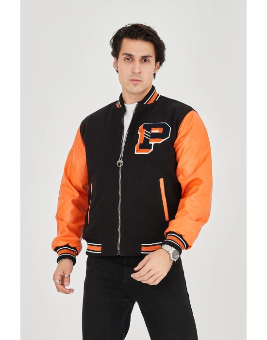 İçten Elyaf ve Astarlı Kolları Suni Deri Ceket - Turuncu -