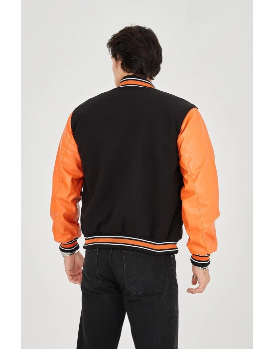 İçten Elyaf ve Astarlı Kolları Suni Deri Ceket - Turuncu -