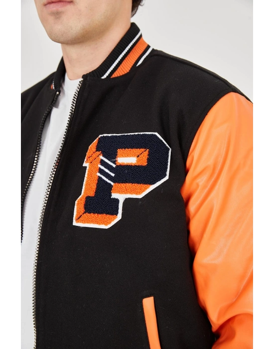 İçten Elyaf ve Astarlı Kolları Suni Deri Ceket - Turuncu -