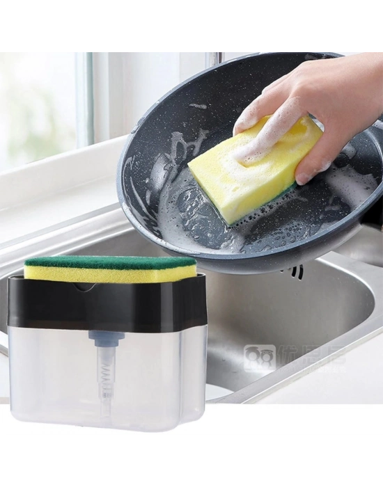 ®  İkisi Bir Arada  Basmalı Pratik Sıvı Sabunluk Pompası ve Bulaşık Yıkama Süngeri Haznesi