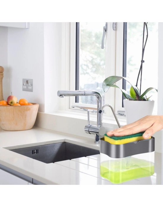 ®  İkisi Bir Arada  Basmalı Pratik Sıvı Sabunluk Pompası ve Bulaşık Yıkama Süngeri Haznesi