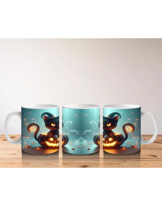 İkiz Cadı Figürleri ve Balkabaklarıyla Gotik Cadılar Bayramı Baskılı Kupa Bardak