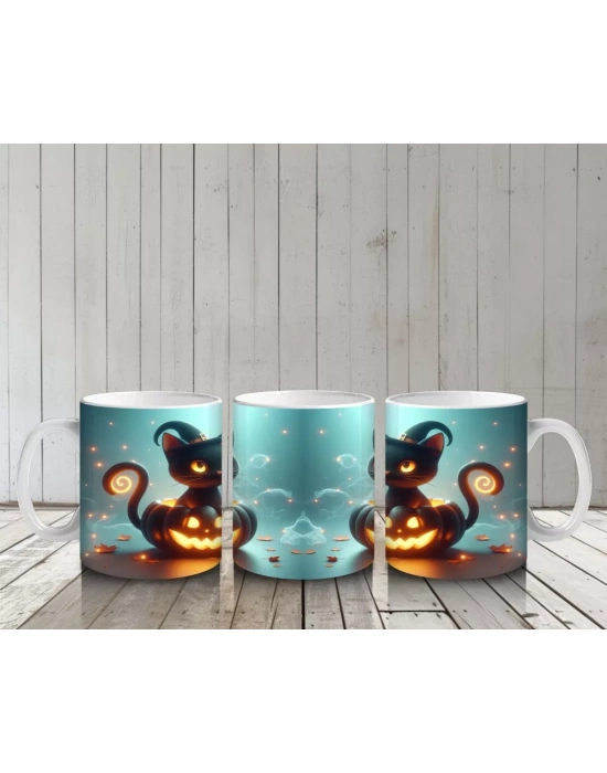 İkiz Cadı Figürleri ve Balkabaklarıyla Gotik Cadılar Bayramı Baskılı Kupa Bardak