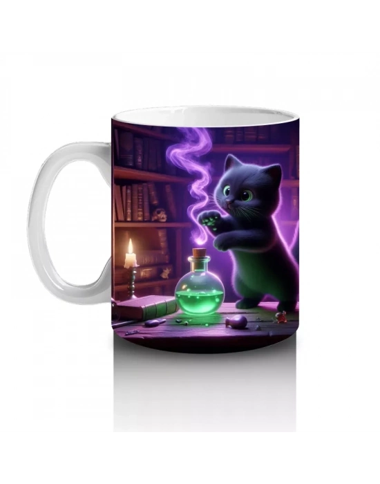 İksir Kazanı Başında Yeşil Alevlerle Büyü Yapan Cadı Figürlü Cadılar Bayramı Baskılı Kupa Bardak