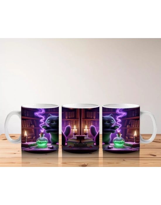 İksir Kazanı Başında Yeşil Alevlerle Büyü Yapan Cadı Figürlü Cadılar Bayramı Baskılı Kupa Bardak