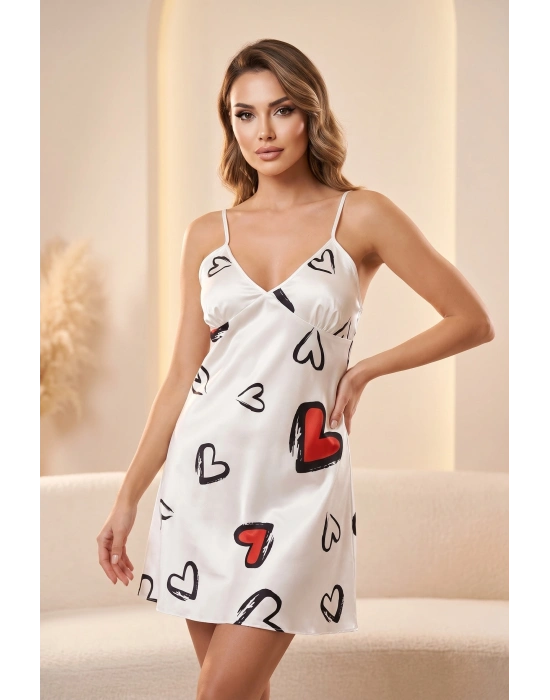 İnce Askılı Kalp Desenli Beyaz Saten Gecelik TM1447