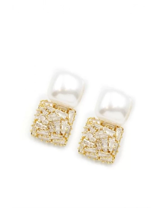 İnci Baget Taşlı Küpe - Altın