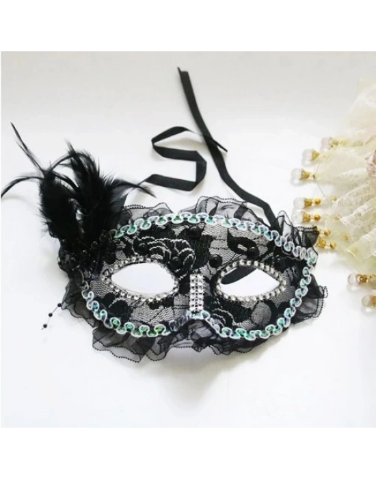 İnci İşlemeli Taşlı Dantelli Parti Maskesi