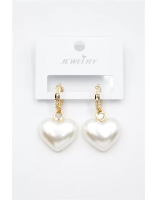 İnci Kalp Küpe - Altın