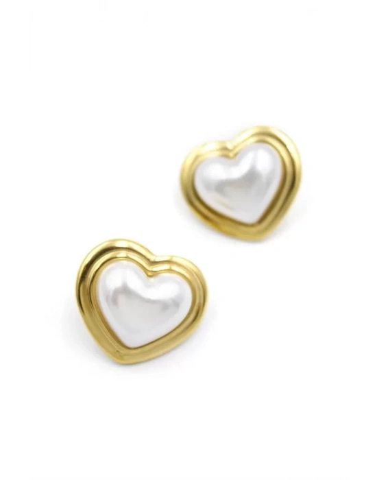 İnci Kalp Küpe - Altın
