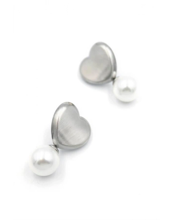 İnci Kalp Küpe - Gümüş