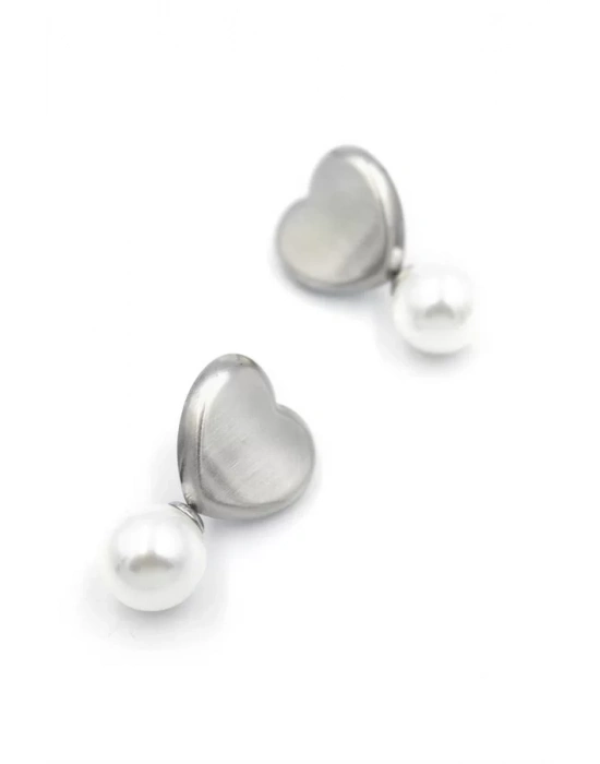 İnci Kalp Küpe - Gümüş