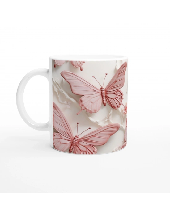 İnci Parlaklığında Pembe Kelebek Temalı Baskılı Kupa Bardak