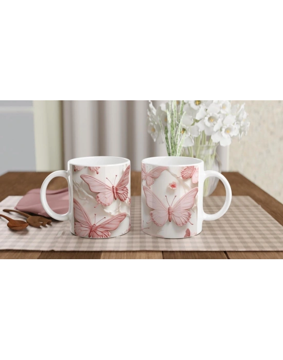 İnci Parlaklığında Pembe Kelebek Temalı Baskılı Kupa Bardak