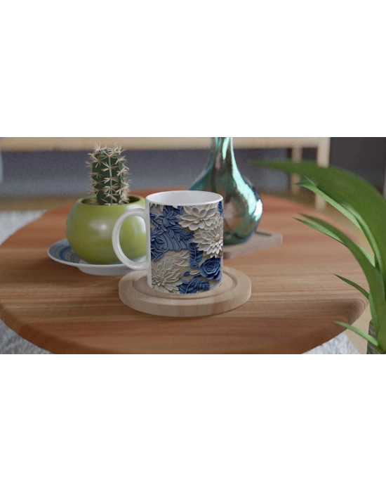 İnci ve Mavi Rölyef Çiçek Desenli Kupa Bardak