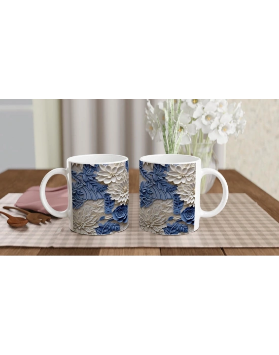 İnci ve Mavi Rölyef Çiçek Desenli Kupa Bardak