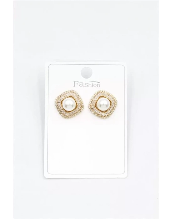 İncili Baget Taşlı Küpe - Altın