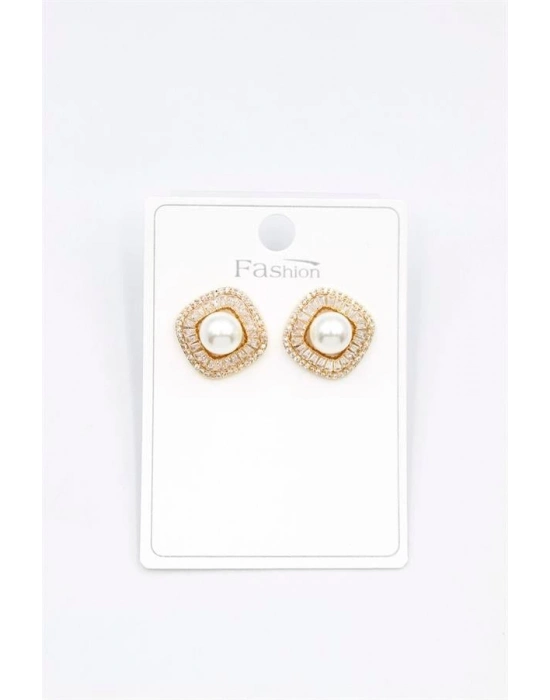 İncili Baget Taşlı Küpe - Altın