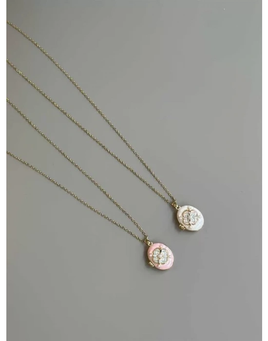 İncili Etnik Desen Kapaklı Kolye - Pembe