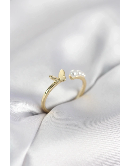 ® İncili Kelebek Model Gold Renk Pirinç Kadın Yüzük