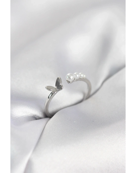 ® İncili Kelebek Model Gümüş Renk Pirinç Kadın Yüzük