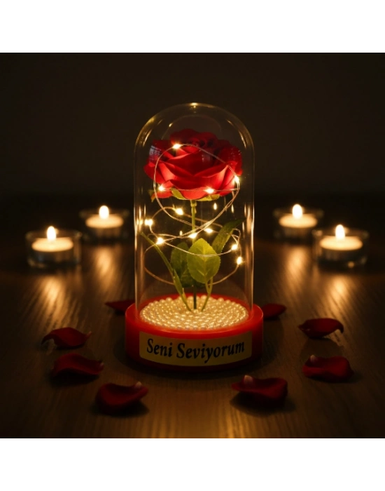 İncili Ledli Gül Fanus