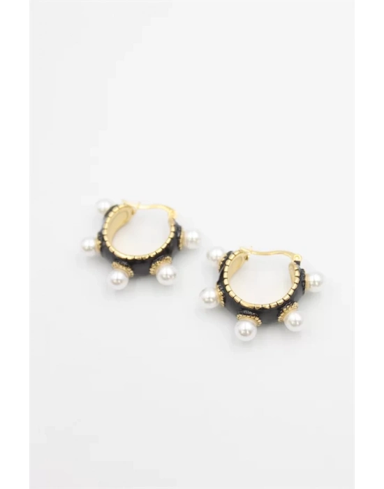 İncili Mineli Halka Küpe - Siyah