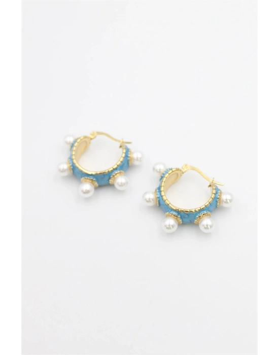 İncili Mineli Halka Küpe - Turkuaz