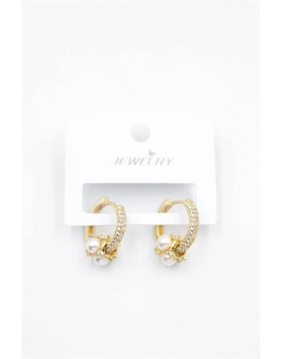 İncili Taşlı Halka Küpe - Altın