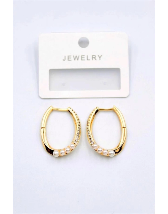 İncili Taşlı Halka Küpe - Altın