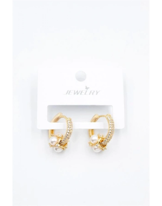 İncili Taşlı Halka Küpe - Altın