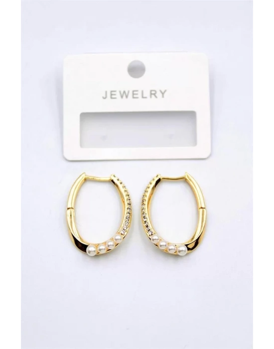 İncili Taşlı Halka Küpe - Altın