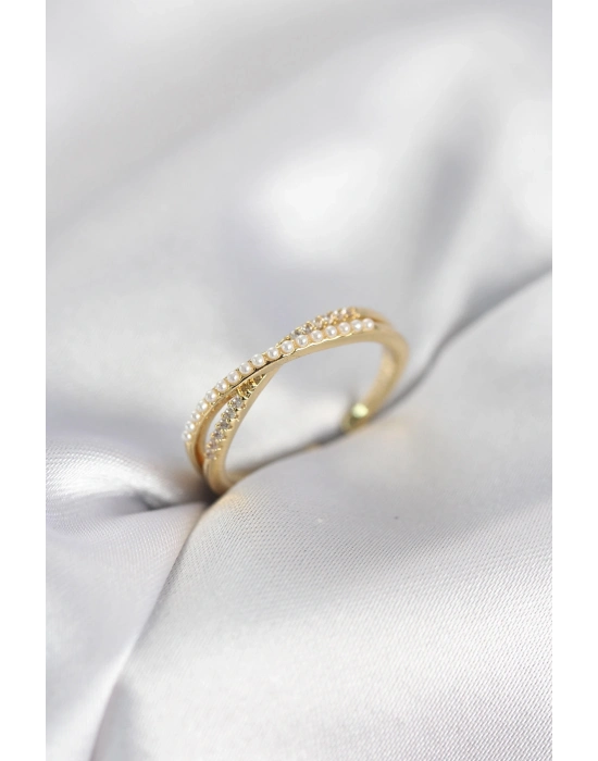 ® İncili ve Zirkon Taşlı Gold Renk Kadın Yüzük