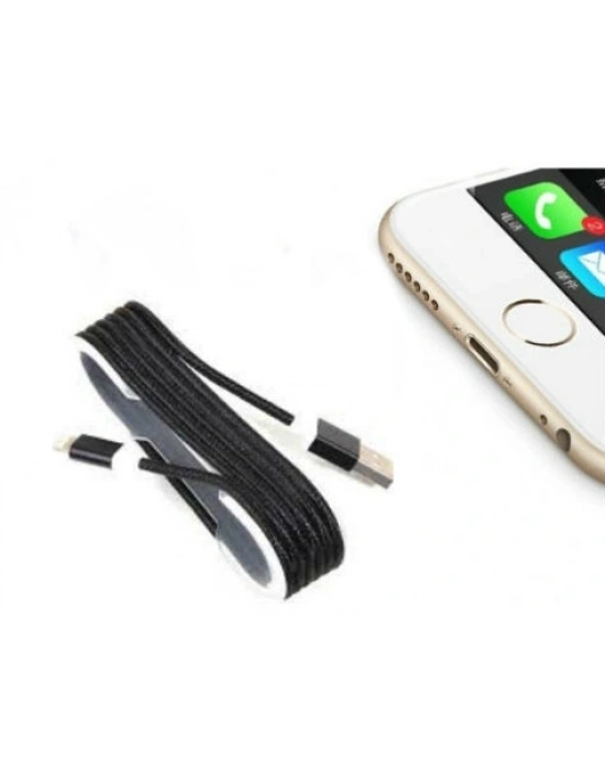İphone Örgü Şeklinde Renkli Çelik Şarj Data Kablosu - Siyah