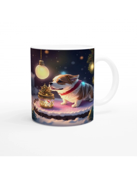 Işıklar ve Karlar İçinde Neşeli Corgi Köpek Baskılı Kupa Bardak