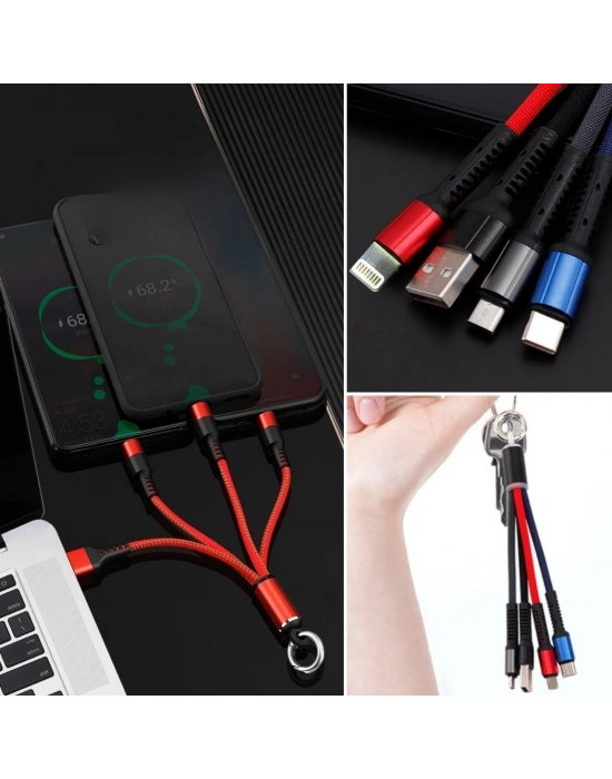 ®  Işıklı Anahtarlık Model 3 in 1 USB Çıkışlı MİKRO,TYPE-C ve İphone Uyumlu Şarj Kablosu