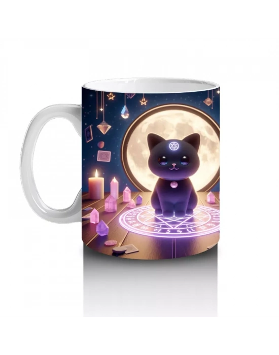 Işıklı Büyü Halkası İçinde Sevimli Cadı Figürlü Renkli Cadılar Bayramı Baskılı Kupa Bardak