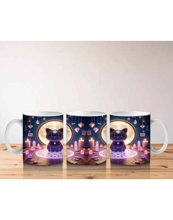 Işıklı Büyü Halkası İçinde Sevimli Cadı Figürlü Renkli Cadılar Bayramı Baskılı Kupa Bardak