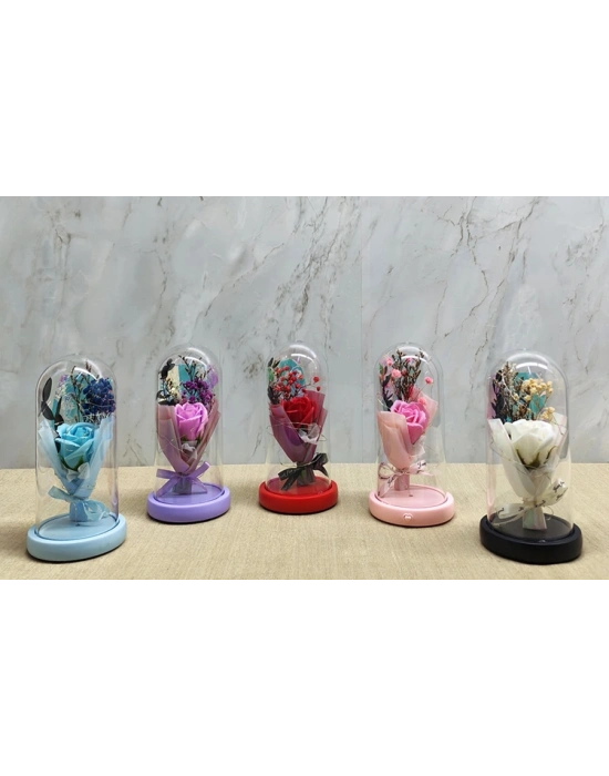Işıklı Müzikli Cam Fanus İçinde Lavantalı Romantik Gül
