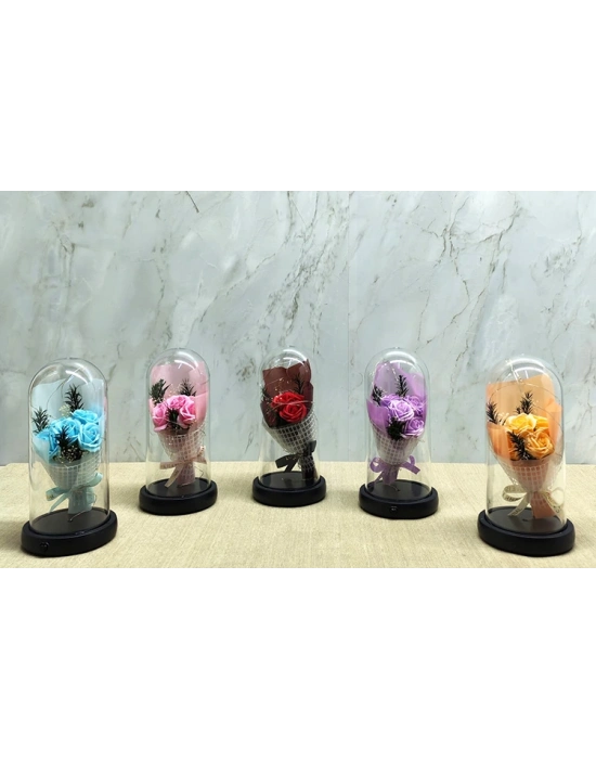 Işıklı Müzikli Fanus içinde Gül Buketi